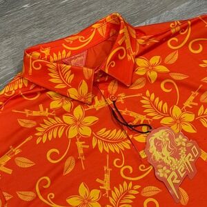 Retro‎ Rifle The Hula Mens Orange Floral Gun Print Performance Polo Shirt Large